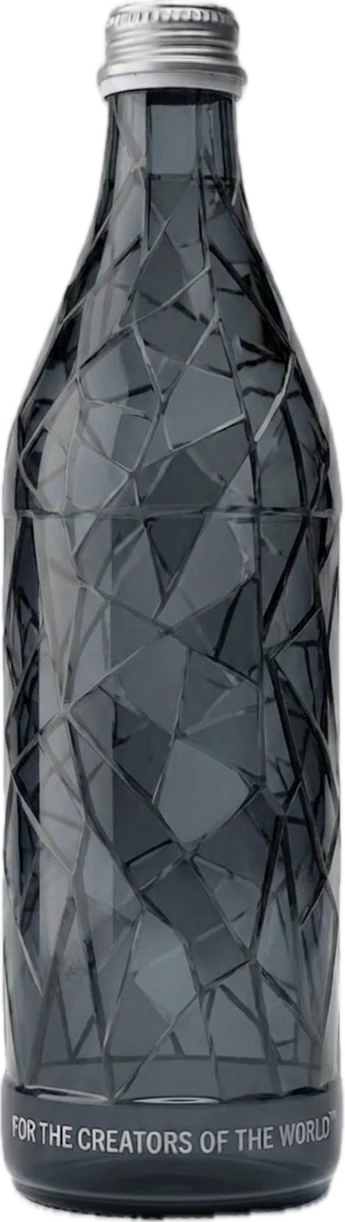 The No. 01 bottle in smoke grey: faceted glass in an irregular
                  cracked-ice pattern, tapering to a machined steel cap, with
                  “For the creators of the world” embossed around the base.